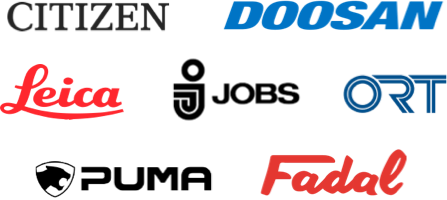 Logos for JOBS, Fadal, Puma, Doosan, ORT, Leica, Citizen